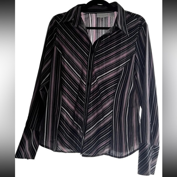 Worthington Tops - Worthington Stretch Large Black & Purple Stripe Button Down Long Sleeves Blouse